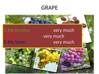 GRAPE
1.My brother very much
2. We very much
3.My Sister very much
 