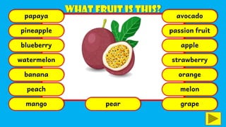 papaya
pineapple
blueberry
watermelon
banana
peach
mango pear
avocado
passion fruit
apple
strawberry
orange
melon
grape
 