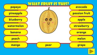 papaya
pineapple
blueberry
watermelon
banana
peach
mango pear
avocado
passion fruit
apple
strawberry
orange
melon
grape
 