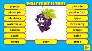 papaya
pineapple
blueberry
watermelon
banana
peach
mango pear
avocado
passion fruit
apple
strawberry
orange
melon
grape
 
