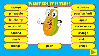 papaya
pineapple
blueberry
watermelon
banana
peach
mango pear
avocado
passion fruit
apple
strawberry
orange
melon
grape
 