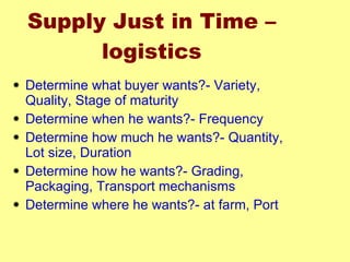 Supply Just in Time – logistics Determine what buyer wants?- Variety, Quality, Stage of maturity Determine when he wants?- Frequency Determine how much he wants?- Quantity, Lot size, Duration Determine how he wants?- Grading, Packaging, Transport mechanisms Determine where he wants?- at farm, Port 