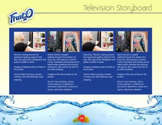 Television Storyboard

Woman rushing around her
apartment getting ready for the
day. She opens the refrigerator and
grabs a bottle of water.
Images of getting ready cut fast on
the screen.
Sound: Alarm buzzing, shower
running, hair drier blowing, toast
popping.

Same woman is speed
walking through the streets of a
busy city. She passes a colorful
mural, frustrated and looking at her
watch while checking her buzzing
cell phone. She opens the door to
an office building.

Next Day: Woman rushing around
her apartment getting ready for the
day. She opens the refrigerator and
grabs a bottle of water.

Images of the city cut fast on the
screen.

Sound: Alarm buzzing, shower
running, hair drier blowing, toast
popping.

Images of getting ready cut fast on
the screen.

Sound: Cars honking, sirens,
music playing in a distance in
someone’s apartment, buses driving by, cell phone vibration.

16

Same woman is speed
walking through the streets of a
busy city. She passes a colorful
mural, frustrated and looking at her
watch while checking her buzzing
cell phone. She opens the door to
an office building.
Images of the city cut fast on the
screen.
Sound: Cars honking, sirens,
music playing in a distance in
someone’s apartment, buses driving by, cell phone vibration.

 