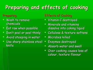 Preparing and effects of cookingPreparing and effects of cooking
Preparing.Preparing.
 Wash to removeWash to remove
chemicalschemicals
 Eat raw when possibleEat raw when possible
 Don’t peel or peel thinlyDon’t peel or peel thinly
 Avoid steeping in waterAvoid steeping in water
 Use sharp stainless steelUse sharp stainless steel
knifeknife
Effects of CookingEffects of Cooking
 Vitamin C destroyedVitamin C destroyed
 Minerals and vitaminsMinerals and vitamins
dissolve into coking liquiddissolve into coking liquid
 Cellulose & texture softensCellulose & texture softens
 Microbes killedMicrobes killed
 Enzymes destroyedEnzymes destroyed
 Absorb water and swellAbsorb water and swell
 Over cooking causes loss ofOver cooking causes loss of
colour, texture flavourcolour, texture flavour
 