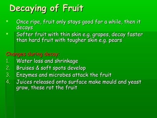 Decaying of FruitDecaying of Fruit
 Once ripe, fruit only stays good for a while, then itOnce ripe, fruit only stays good for a while, then it
decaysdecays
 Softer fruit with thin skin e.g. grapes, decay fasterSofter fruit with thin skin e.g. grapes, decay faster
than hard fruit with tougher skin e.g. pearsthan hard fruit with tougher skin e.g. pears
Changes during decay:Changes during decay:
1.1. Water loss and shrinkageWater loss and shrinkage
2.2. Bruises & soft spots developBruises & soft spots develop
3.3. Enzymes and microbes attack the fruitEnzymes and microbes attack the fruit
4.4. Juices released onto surface make mould and yeastJuices released onto surface make mould and yeast
grow, these rot the fruitgrow, these rot the fruit
 
