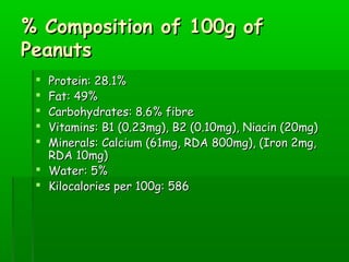 % Composition of 100g of% Composition of 100g of
PeanutsPeanuts
 Protein: 28.1%Protein: 28.1%
 Fat: 49%Fat: 49%
 Carbohydrates: 8.6% fibreCarbohydrates: 8.6% fibre
 Vitamins: B1 (0.23mg), B2 (0.10mg), Niacin (20mg)Vitamins: B1 (0.23mg), B2 (0.10mg), Niacin (20mg)
 Minerals: Calcium (61mg, RDA 800mg), (Iron 2mg,Minerals: Calcium (61mg, RDA 800mg), (Iron 2mg,
RDA 10mg)RDA 10mg)
 Water: 5%Water: 5%
 Kilocalories per 100g: 586Kilocalories per 100g: 586
 
