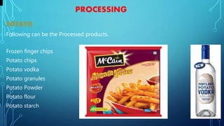 PROCESSING
POTATO
Following can be the Processed products.
Frozen finger chips
Potato chips
Potato vodka
Potato granules
Potato Powder
Potato flour
Potato starch
 
