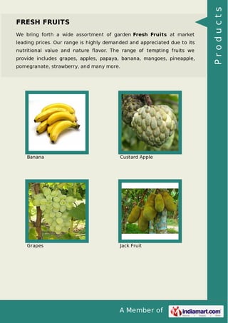 A Member of
FRESH FRUITS
We bring forth a wide assortment of garden Fresh Fruits at market
leading prices. Our range is highly demanded and appreciated due to its
nutritional value and nature ﬂavor. The range of tempting fruits we
provide includes grapes, apples, papaya, banana, mangoes, pineapple,
pomegranate, strawberry, and many more.
Banana Custard Apple
Grapes Jack Fruit
Products
 