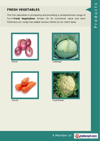 A Member of
FRESH VEGETABLES
The firm specialize in processing and providing a comprehensive range of
f arm Fresh Vegetables. Known for its nutritional value and farm
freshness our range has added various clients to our client base.
Onion Cabbage
Carrot Cauliflower
Products
 