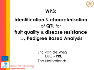 Eric van de Weg DLO -  PRI ,  The Netherlands WP3:   Identification  &  characterisation  of  QTL  for  fruit quality  &  disease resistance  by  Pedigree Based Analysis 