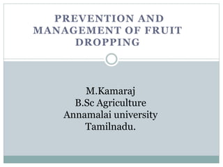 PREVENTION AND
MANAGEMENT OF FRUIT
DROPPING
M.Kamaraj
B.Sc Agriculture
Annamalai university
Tamilnadu.
 