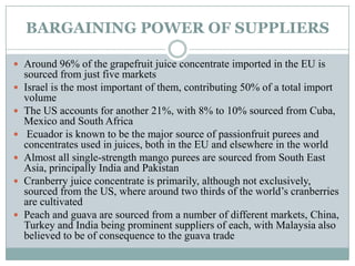 BARGAINING POWER OF SUPPLIERS
 Around 96% of the grapefruit juice concentrate imported in the EU is
sourced from just five markets
 Israel is the most important of them, contributing 50% of a total import
volume
 The US accounts for another 21%, with 8% to 10% sourced from Cuba,
Mexico and South Africa
 Ecuador is known to be the major source of passionfruit purees and
concentrates used in juices, both in the EU and elsewhere in the world
 Almost all single-strength mango purees are sourced from South East
Asia, principally India and Pakistan
 Cranberry juice concentrate is primarily, although not exclusively,
sourced from the US, where around two thirds of the world‟s cranberries
are cultivated
 Peach and guava are sourced from a number of different markets, China,
Turkey and India being prominent suppliers of each, with Malaysia also
believed to be of consequence to the guava trade
 