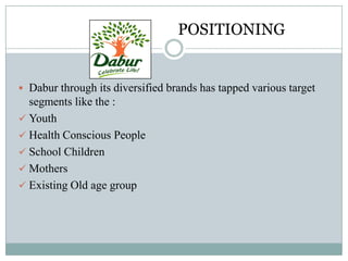 POSITIONING
 Dabur through its diversified brands has tapped various target
segments like the :
 Youth
 Health Conscious People
 School Children
 Mothers
 Existing Old age group
 
