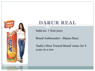 DABUR REAL
India no. 1 fruit juice
Brand Ambassador:- Bipasa Basu
'India's Most Trusted Brand' status for 8
years in a row
 