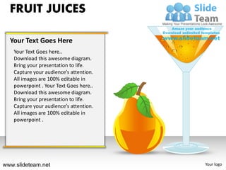 FRUIT JUICES

  Your Text Goes Here
   Your Text Goes here..
   Download this awesome diagram.
   Bring your presentation to life.
   Capture your audience’s attention.
   All images are 100% editable in
   powerpoint . Your Text Goes here..
   Download this awesome diagram.
   Bring your presentation to life.
   Capture your audience’s attention.
   All images are 100% editable in
   powerpoint .




www.slideteam.net                       Your logo
 