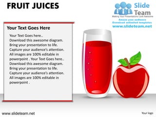 FRUIT JUICES

  Your Text Goes Here
   Your Text Goes here..
   Download this awesome diagram.
   Bring your presentation to life.
   Capture your audience’s attention.
   All images are 100% editable in
   powerpoint . Your Text Goes here..
   Download this awesome diagram.
   Bring your presentation to life.
   Capture your audience’s attention.
   All images are 100% editable in
   powerpoint .




www.slideteam.net                       Your logo
 