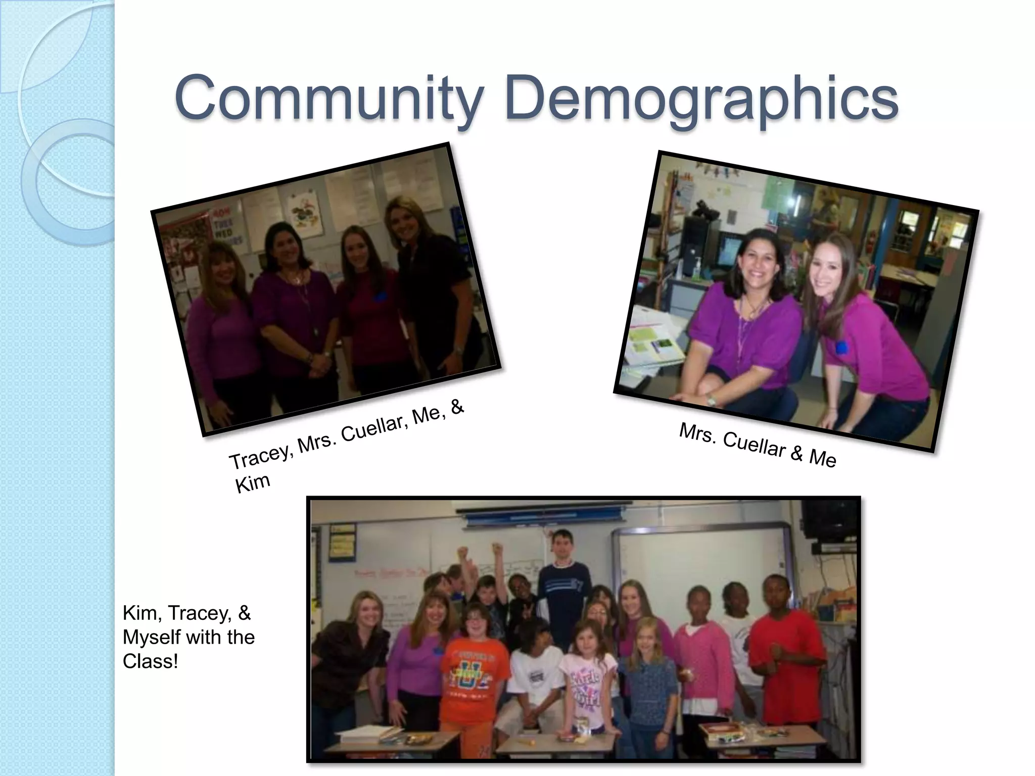 Community DemographicsTracey, Mrs. Cuellar, Me, & KimMrs. Cuellar & MeKim, Tracey, & Myself with the Class!