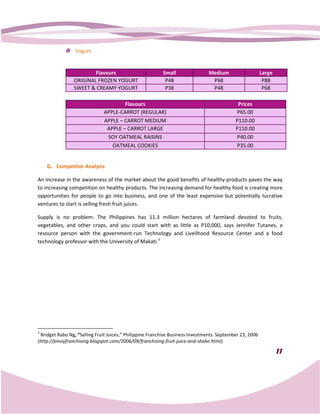 Yogurt


                        Flavours                          Small                Medium                     Large
                ORIGINAL FROZEN YOGURT                     P48                  P68                        P88
                SWEET & CREAMY YOGURT                      P38                  P48                        P68

                                      Flavours                                               Prices
                              APPLE-
                                   -CARROT (REGULAR)                                        P65.00
                              APPLE – CARROT MEDIUM                                         P110.00
                               APPLE – CARROT LARGE                                         P110.00
                               SOY OATMEAL RAISINS                                          P40.00
                                 OATMEAL COOKIES                                            P35.00


    G. Competitor Analysis

An increase in the awareness of the market about the good benefits of healthy products paves the way
to increasing competition on healthy products. The increasing demand for healthy food is creating more
opportunities for people to go into business, and one of the least expensive but potentially lucrative
                                                   one
ventures to start is selling fresh fruit juices.

Supply is no problem: The Philippines has 11.3 million hectares of farmland devoted to fruits,
vegetables, and other crops, and you could start with as little as P10,000, says Jennifer Tutanes, a
                                                         little
resource person with the government run Technology and Livelihood Resource Center and a food
                           government-run
technology professor with the University of Makati.3




3
 Bridget Rabo Ng, “Selling Fruit Juices,” Philippine Franchise Business Investments. September 23, 2006
                    Selling
(http://pinoyfranchising.blogspot.com/2006/09/franchising
 http://pinoyfranchising.blogspot.com/2006/09/franchising-fruit-juice-and-shake.html).

                                                                                                                  11
 