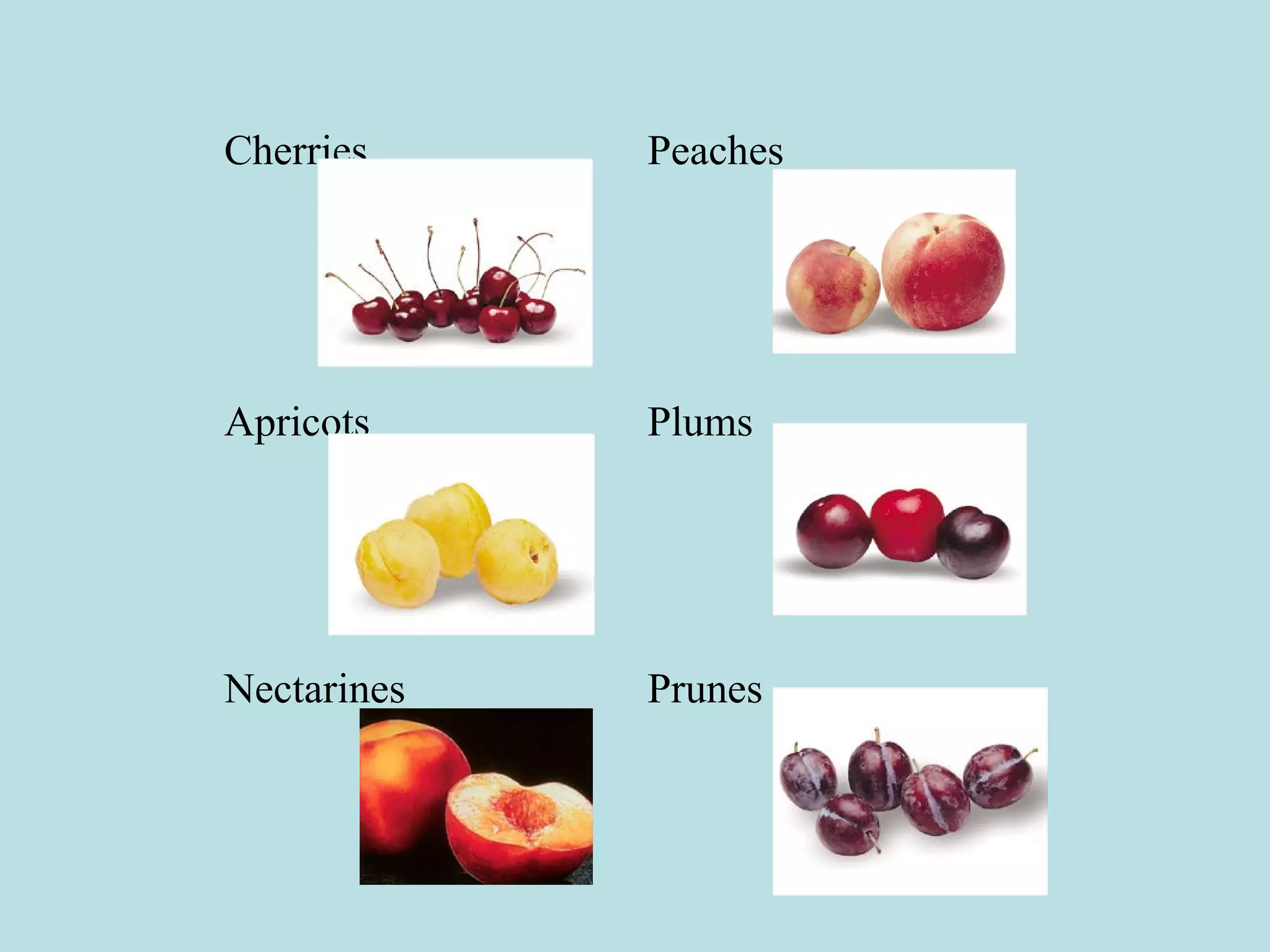 Cherries

Peaches

Apricots

Plums

Nectarines

Prunes

 
