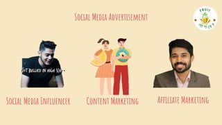 Social Media Advertisement
Content Marketing Affiliate Marketing
Social Media Influencer
 