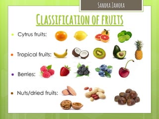 Sandra Zamora

Classification of fruits
● Cytrus fruits:

● Tropical fruits:

● Berries:
● Nuts/dried fruits:

 