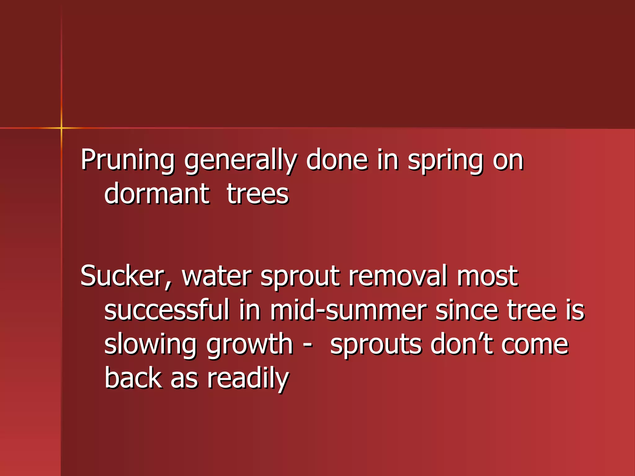 Pruning generally done in spring on dormant  trees  Sucker, water sprout removal most successful in mid-summer since tree is slowing growth -  sprouts don’t come back as readily 