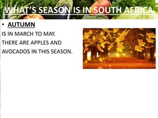WHAT’S SEASON IS IN SOUTH AFRICA
• AUTUMN
IS IN MARCH TO MAY.
THERE ARE APPLES AND
AVOCADOS IN THIS SEASON.
 