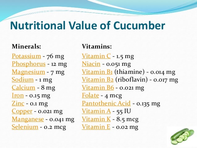 Cucumber Nutritional Value Chart