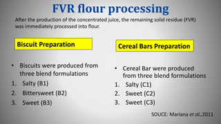 FVR flour processing
• Biscuits were produced from
three blend formulations
1. Salty (B1)
2. Bittersweet (B2)
3. Sweet (B3)
Cereal Bars Preparation
• Cereal Bar were produced
from three blend formulations
1. Salty (C1)
2. Sweet (C2)
3. Sweet (C3)
After the production of the concentrated juice, the remaining solid residue (FVR)
was immediately processed into flour.
Biscuit Preparation
SOUCE: Mariana et al.,2011
 
