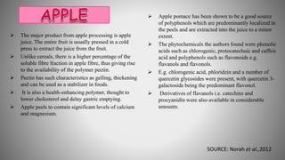  The major product from apple processing is apple
juice. The entire fruit is usually pressed in a cold
press to extract the juice from the fruit.
 Unlike cereals, there is a higher percentage of the
soluble fibre fraction in apple fibre, thus giving rise
to the availability of the polymer pectin.
 Pectin has such characteristics as gelling, thickening
and can be used as a stabilizer in foods.
 It is also a health-enhancing polymer, thought to
lower cholesterol and delay gastric emptying.
 Apple peels to contain significant levels of calcium
and magnesium.
 Apple pomace has been shown to be a good source
of polyphenols which are predominantly localized in
the peels and are extracted into the juice to a minor
extent.
 The phytochemicals the authors found were phenolic
acids such as chlorogenic, protocatechuic and caffeic
acid and polyphenols such as flavonoids e.g.
flavanols and flavonols.
 E.g. chlorogenic acid, phloridzin and a number of
quercetin glycosides were present, with quercetin 3-
galactoside being the predominant flavonol.
 Derivatives of flavanols i.e. catechins and
procyanidin were also available in considerable
amounts.
SOURCE: Norah et al.,2012
 