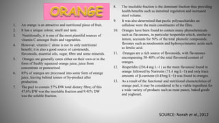 1. An orange is an attractive and nutritional piece of fruit.
2. It has a unique colour, smell and taste.
3. Nutritionally, it is one of the most plentiful sources of
vitamin C amongst fruits and vegetables.
4. However, vitamin C alone is not its only nutritional
benefit; it is also a good source of carotenoids,
flavonoids, essential oils, sugar, fibre and some minerals.
5. Oranges are generally eaten either on their own or in the
form of freshly squeezed orange juice, juice from
concentrate or pasteurized.
6. 85% of oranges are processed into some form of orange
juice, leaving behind tonnes of by-product after
production.
7. The peel to contain 57% DW total dietary fibre; of this
47.6% DW was the insoluble fraction and 9.41% DW
was the soluble fraction.
8. The insoluble fraction is the dominant fraction thus providing
health benefits such as intestinal regulation and increased
stool volume.
9. It was also determined that pectic polysaccharides an
cellulose were the main constituents of the fibre.
10. Oranges have been found to contain many phytochemicals
such as flavanones, in particular hesperidin which, similar to
lemon, accounts for 50% of the total phenolic compounds,
flavones such as neodiosmin and hydroxycinnamic acids such
as ferulic acid.
11. Oranges are a rich source of flavonoids, with flavanones
encompassing 50–80% of the total flavonoid content of
oranges.
12. Hesperidin (236.4 mg L−1) as the main flavonoid found in
orange followed by Narirutin (71.4 mg L−1) and only trace
amounts of β-carotene (0.43mg L−1) was found in oranges.
13. As a result of the functional and nutritional characteristics of
orange peel, it may be considered to be a viable ingredient for
a wide variety of products such as meat pastes, baked goods
and yoghourt.
SOURCE: Norah et al.,2012
 