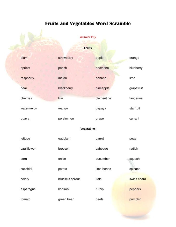 Worksheets List Of Jumbled Words With Answers fruits and vegetables word scramble 2 answer