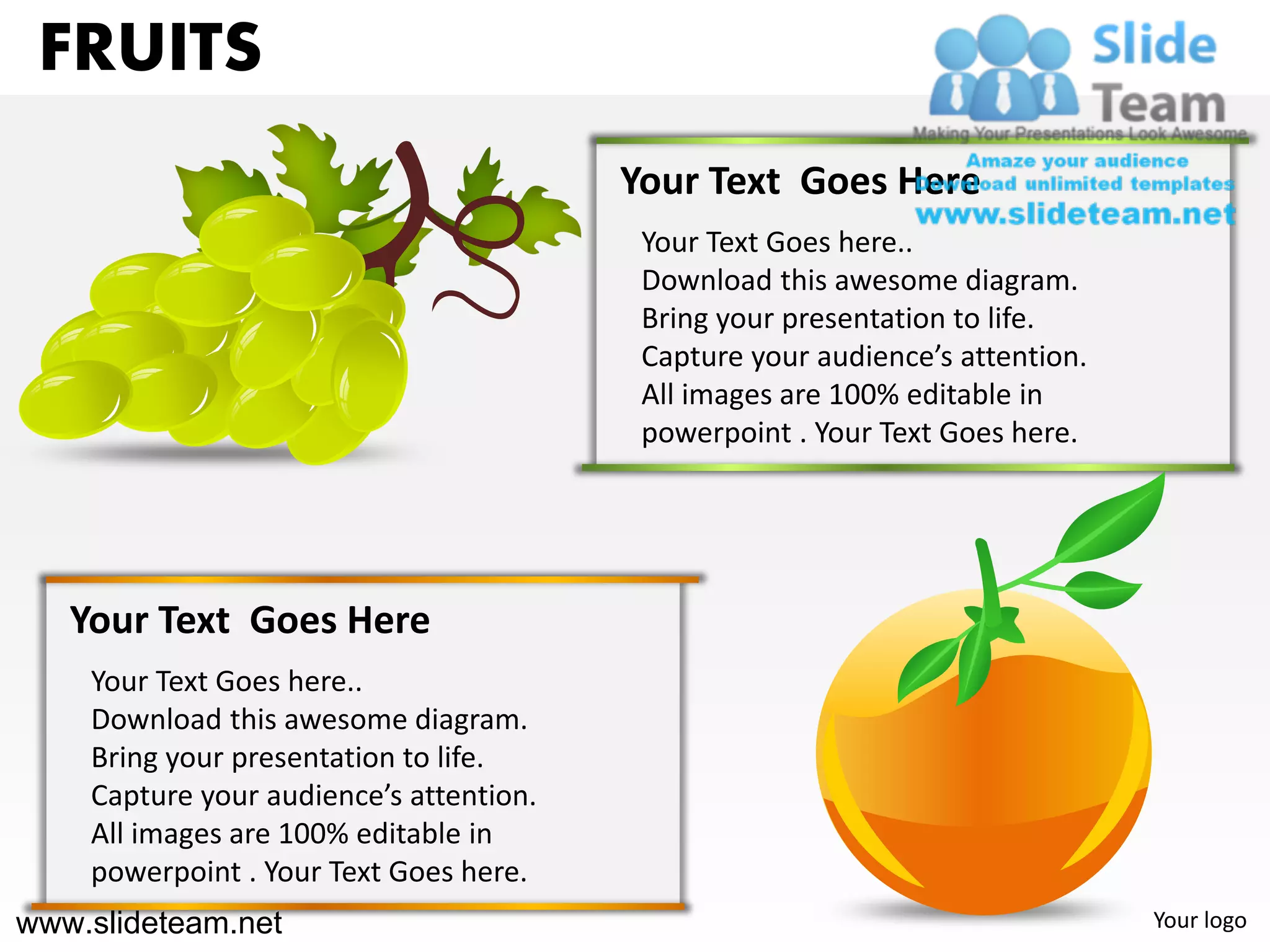 FRUITS
                                         Your Text Goes Here
                                          Your Text Goes here..
                                          Download this awesome diagram.
                                          Bring your presentation to life.
                                          Capture your audience’s attention.
                                          All images are 100% editable in
                                          powerpoint . Your Text Goes here.




   Your Text Goes Here
    Your Text Goes here..
    Download this awesome diagram.
    Bring your presentation to life.
    Capture your audience’s attention.
    All images are 100% editable in
    powerpoint . Your Text Goes here.
www.slideteam.net                                                              Your logo
 