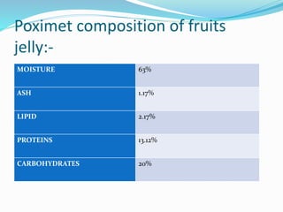 Poximet composition of fruits
jelly:-
MOISTURE 63%
ASH 1.17%
LIPID 2.17%
PROTEINS 13.12%
CARBOHYDRATES 20%
 