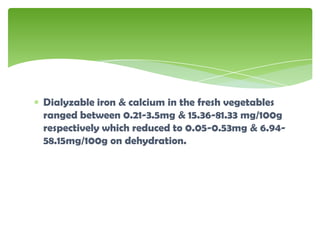 Dialyzable iron & calcium in the fresh vegetables
ranged between 0.21-3.5mg & 15.36-81.33 mg/100g
respectively which reduced to 0.05-0.53mg & 6.94-
58.15mg/100g on dehydration.
 