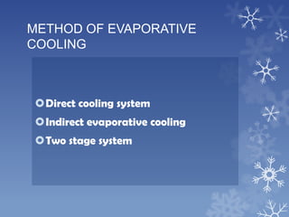 METHOD OF EVAPORATIVE
COOLING
Direct cooling system
Indirect evaporative cooling
Two stage system
 