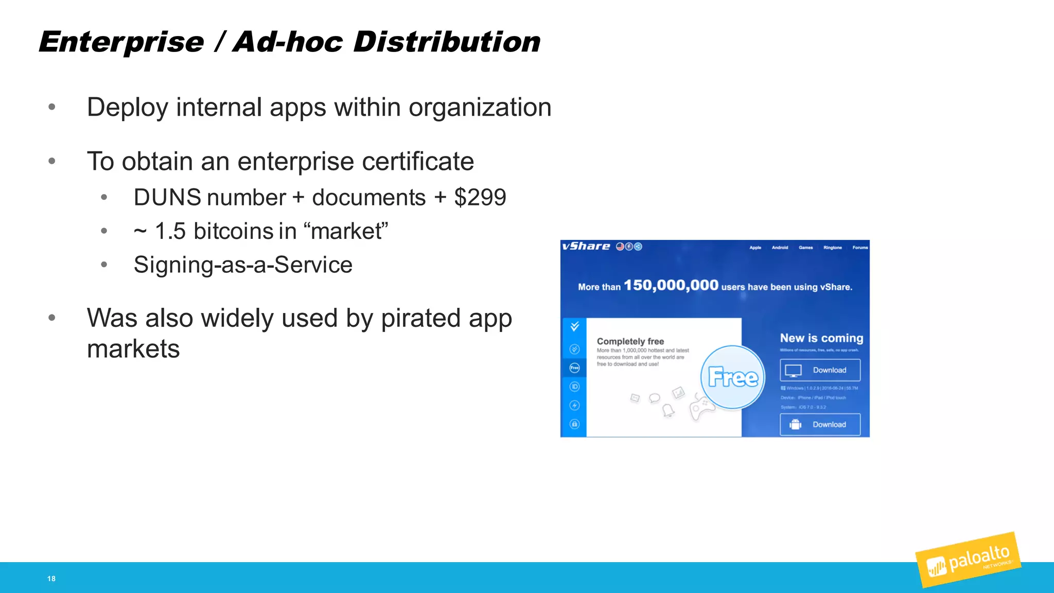 Enterprise / Ad-­hoc Distribution
18
• Deploy  internal  apps  within  organization
• To  obtain  an  enterprise  certificate
• DUNS  number  +  documents  +  $299
• ~  1.5  bitcoins  in  “market”
• Signing-­as-­a-­Service
• Was  also  widely  used  by  pirated  app  
markets
 