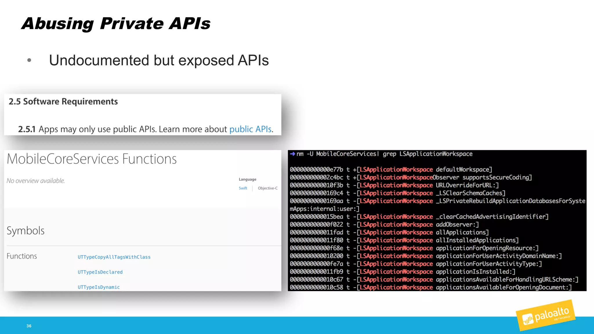 Abusing Private APIs
36
• Undocumented  but  exposed  APIs
 