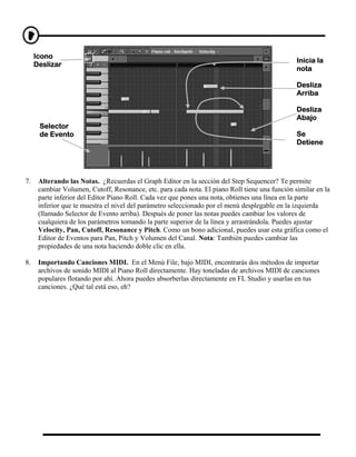Icono
                                                                                                Inicia la
     Deslizar
                                                                                                nota

                                                                                                Desliza
                                                                                                Arriba

                                                                                                Desliza
                                                                                                Abajo
      Selector
      de Evento                                                                                 Se
                                                                                                Detiene




7.    Alterando las Notas. ¿Recuerdas el Graph Editor en la sección del Step Sequencer? Te permite
      cambiar Volumen, Cutoff, Resonance, etc. para cada nota. El piano Roll tiene una función similar en la
      parte inferior del Editor Piano Roll. Cada vez que pones una nota, obtienes una línea en la parte
      inferior que te muestra el nivel del parámetro seleccionado por el menú desplegable en la izquierda
      (llamado Selector de Evento arriba). Después de poner las notas puedes cambiar los valores de
      cualquiera de los parámetros tomando la parte superior de la línea y arrastrándola. Puedes ajustar
      Velocity, Pan, Cutoff, Resonance y Pitch. Como un bono adicional, puedes usar esta gráfica como el
      Editor de Eventos para Pan, Pitch y Volumen del Canal. Nota: También puedes cambiar las
      propiedades de una nota haciendo doble clic en ella.

8.    Importando Canciones MIDI. En el Menú File, bajo MIDI, encontrarás dos métodos de importar
      archivos de sonido MIDI al Piano Roll directamente. Hay toneladas de archivos MIDI de canciones
      populares flotando por ahí. Ahora puedes absorberlas directamente en FL Studio y usarlas en tus
      canciones. ¿Qué tal está eso, eh?
 