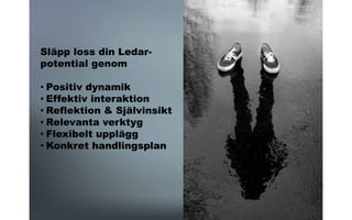 Släpp loss din Ledar-
potential genom
• Positiv dynamik
• Effektiv interaktion
• Reflektion & Självinsikt
• Relevanta verktyg
• Flexibelt upplägg
• Konkret handlingsplan
 