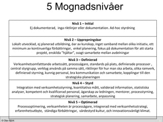 5 Mognadsnivåer Nivå 1 – Initial Ej dokumenterad,  inga riktlinjer eller dokumentation. Ad-hoc styrdning  Nivå 2 – Upprepningsbar Lokalt utvecklad, ej planerad utbildning, öar av kunskap, inget samband mellan olika initiativ, ett minimum av kontinuerliga förbättringar,  enkel planering, fokus på dokumentation för att starta projekt, enskilda ”hjältar”, svagt samarbete mellan avdelningar Nivå 3 – Definierad Verksamhetsomfatttande arbetssätt, processägare, standards på plats, definierade processer , central styrgrupp, verktyg används på samma sätt, riktlinjer för hur man ska arbeta, olika ramverk, definierad styrning, kunnig personal, bra kommunikation och samarbete, kopplingar till den strategiska planeringen Nivå 4 – Styrd Integration med verksamhetsstyrning, kvantitativa mått, validerad information, statistiska analyser, kompetent och kvalificerad personal, ägarskap av ledningen, mentorer, processtyrning, strategisk planering, samarbete, anpassning Nivå 5 – Optimerad Processoptimering, verksamheten är processägare, integrerad med verksamhetsstrategi, erfarenhetsutbyte,  ständiga förbättringar,  värdestyrd kultur, och innovationsvänligt klimat. 