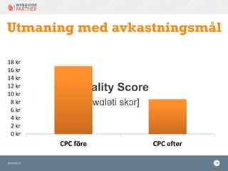 2014-03-12 19
Utmaning med avkastningsmål
Quality Score
[kwɑləti skɔr]
0 kr
2 kr
4 kr
6 kr
8 kr
10 kr
12 kr
14 kr
16 kr
18 kr
CPC före CPC efter
 