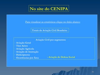 Para visualizar as estatísticas clique no links abaixo: Totais da Aviação Civil Brasileira   Aviação Civil por segmentos Aviação Geral  Táxi Aéreo  Aviação Agrícola Aviação de Instrução Helicópteros Ocorrências por Área No site do CENIPA - Aviação de Defesa Social 