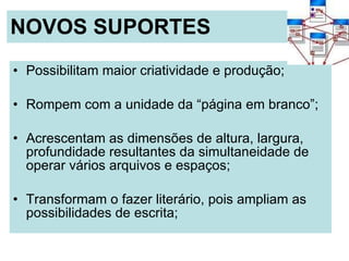 NOVOS SUPORTES Possibilitam maior criatividade e produção; Rompem com a unidade da “página em branco”; Acrescentam as dimensões de altura, largura, profundidade resultantes da simultaneidade de operar vários arquivos e espaços; Transformam o fazer literário, pois ampliam as possibilidades de escrita; 