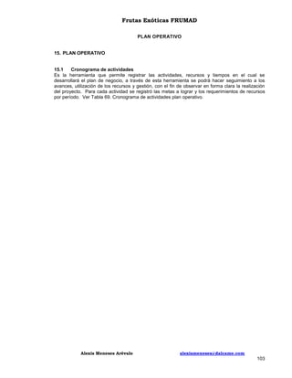 Frutas Exóticas FRUMAD
PLAN OPERATIVO

15. PLAN OPERATIVO

15.1
Cronograma de actividades
Es la herramienta que permite registrar las actividades, recursos y tiempos en el cual se
desarrollará el plan de negocio, a través de esta herramienta se podrá hacer seguimiento a los
avances, utilización de los recursos y gestión, con el fin de observar en forma clara la realización
del proyecto. Para cada actividad se registró las metas a lograr y los requerimientos de recursos
por período. Ver Tabla 69. Cronograma de actividades plan operativo.

Alexis Meneses Arévalo

alexismeneses@dalcame.com

103

 
