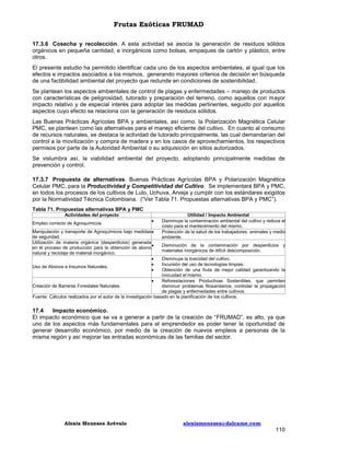 Frutas Exóticas FRUMAD
17.3.6 Cosecha y recolección. A esta actividad se asocia la generación de residuos sólidos
orgánicos en pequeña cantidad, e inorgánicos como bolsas, empaques de cartón y plástico, entre
otros.
El presente estudio ha permitido identificar cada uno de los aspectos ambientales, al igual que los
efectos e impactos asociados a los mismos, generando mayores criterios de decisión en búsqueda
de una factibilidad ambiental del proyecto que redunde en condiciones de sostenibilidad.
Se plantean los aspectos ambientales de control de plagas y enfermedades – manejo de productos
con características de peligrosidad, tutorado y preparación del terreno, como aquellos con mayor
impacto relativo y de especial interés para adoptar las medidas pertinentes, seguido por aquellos
aspectos cuyo efecto se relaciona con la generación de residuos sólidos.
Las Buenas Prácticas Agrícolas BPA y ambientales, así como, la Polarización Magnética Celular
PMC, se plantean como las alternativas para el manejo eficiente del cultivo. En cuanto al consumo
de recursos naturales, se destaca la actividad de tutorado principalmente, las cual demandarían del
control a la movilización y compra de madera y en los casos de aprovechamientos, los respectivos
permisos por parte de la Autoridad Ambiental o su adquisición en sitios autorizados.
Se vislumbra así, la viabilidad ambiental del proyecto, adoptando principalmente medidas de
prevención y control.
17.3.7 Propuesta de alternativas. Buenas Prácticas Agrícolas BPA y Polarización Magnética
Celular PMC, para la Productividad y Competitividad del Cultivo. Se implementará BPA y PMC,
en todos los procesos de los cultivos de Lulo, Uchuva, Arveja y cumplir con los estándares exigidos
por la Normatividad Técnica Colombiana. (“Ver Tabla 71. Propuestas alternativas BPA y PMC”).
Tabla 71. Propuestas alternativas BPA y PMC
Actividades del proyecto
Empleo correcto de Agroquímicos



Manipulación y transporte de Agroquímicos bajo medidas 
de seguridad.
Utilización de materia orgánica (desperdicios) generada

en el proceso de producción para la obtención de abono
natural y reciclaje de material inorgánico.


Uso de Abonos e Insumos Naturales.


Utilidad / Impacto Ambiental
Disminuye la contaminación ambiental del cultivo y reduce el
costo para el mantenimiento del mismo.
Protección de la salud de los trabajadores, animales y medio
ambiente.
Disminución de la contaminación por desperdicios y
materiales inorgánicos de difícil descomposición.

Disminuye la toxicidad del cultivo.
Incursión del uso de tecnologías limpias.
Obtención de una fruta de mejor calidad garantizando la
inocuidad el mismo.

Reforestaciones Productivas Sostenibles, que permiten
Creación de Barreras Forestales Naturales.
disminuir problemas fitosanitarios, controlar la propagación
de plagas y enfermedades entre cultivos.
Fuente: Cálculos realizados por el autor de la investigación basado en la planificación de los cultivos.

17.4
Impacto económico.
El impacto económico que se va a generar a partir de la creación de “FRUMAD”, es alto, ya que
uno de los aspectos más fundamentales para el emprendedor es poder tener la oportunidad de
generar desarrollo económico, por medio de la creación de nuevos empleos a personas de la
misma región y así mejorar las entradas económicas de las familias del sector.

Alexis Meneses Arévalo

alexismeneses@dalcame.com

110

 