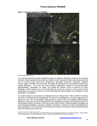 Frutas Exóticas FRUMAD
Figura 1. Ubicación geográfica de FRUMAD

Fuente: Mapas Google .inc

Los productos agrícolas pueden clasificarse según su grado de desarrollo comercial en mercados
maduros, frutas tropicales, frutas exóticas y frutas únicas. El grupo de frutas exóticas dentro de las
que se incluyen frutas tales como mangostinos, granadilla, tamarindo, carambolo, pitahaya,
uchuva, higos, chirimoya, lulo entre otros, las cuales se caracterizan por ser productos de formas y
colores llamativos. A su vez, las frutas exóticas pertenecen al grupo de las denominadas
especialidades, “specialties” en inglés, que puede ser definido como el conjunto de frutas,
hortalizas y flores frescas que no son producidos en el país de consumo o que a pesar de ser
producidas en el país de consumo, por sus características físicas pueden ser utilizados en usos
diferentes al comestible2.
En nuestro negocio y de acuerdo a la adaptación de los cultivos entre 1.500 a 2.000 m de altitud,
así como a la tendencia del mercado por su consumo y estabilidad en el precio optamos por el
cultivo de Lulo (Tres (3) hectáreas 7500 plantas) y Uchuva (Dos (2) hectáreas 5000 plantas).
Mediante un plan de nuevas tecnologías BPA, en la perspectiva de lograr una fruticultura sana, con
abonamiento orgánico (compost, humus de lombriz, abono verde), manejo ecológico de plagas con
uso de trampas (etológico), prácticas culturales, asociación y rotación de cultivos aprovechando el
buen desempeño y la incorporación de nutrientes al subsuelo se sembrara Arveja (50.000 plantas)
entre las calles del cultivo de Lulo.
Proexport Colombia e Instituto Alexander von Humboldt. 2003. Estudio de Mercado, Mariposas en el Estado de California – Estados Unidos.
Convenio específico No. 197.1/2003 Proexport Colombia - Instituto von Humboldt. Bogotá, Colombia, 66 páginas.
2

Alexis Meneses Arévalo

alexismeneses@dalcame.com

13

 
