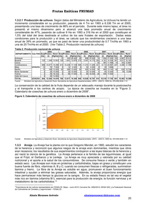 Frutas Exóticas FRUMAD
1.3.2.1 Producción de uchuva. Según datos del Ministerio de Agricultura, la Uchuva ha tenido un
incremento considerable en su producción, pasando de 4 Tm en 1993 a 6.336 Tm en el 2000,
presentando una tasa de crecimiento de 86% en el período. Durante este mismo lapso, el área no
presentó el mismo dinamismo pero si alcanzó una tasa promedio anual de crecimiento
considerable de 47%, pasando de cultivar 6 Ha en 1993 a 316 Ha en el 2000 que constituyen el
1,5% del total del área destinada al cultivo de los seis frutales de exportación. Dadas estas
condiciones para la producción y el área, se calcula que los rendimientos crecieron a una tasa
anual de 39% en promedio, ya que se pasó de tener una productividad de 0,7 Tm/Ha en 1993 a
una de 20 Tm/Ha en el 2000. (Ver Tabla 2. Producción nacional de uchuva)
Tabla 2. Producción nacional de uchuva
2004
2005
2006
2007
2008
DEPARTAMENTO CULTIVO Área Produc. Rend Área Produc. Rend Área Produc. Rend Área Produc. Rend Área Produc. Rend
(ha)
(t)
(Kgha) (ha)
(t)
(Kgha) (ha)
(t)
(Kgha) (ha)
(t)
(Kgha) (ha)
(t)
(Kgha)
Antioquia
13
343 26.400 26
858 33.000 74 1.554 21.000 183 4.687 25.612
Boyacá
123 1.346 10.943 129 1.661 12.876 215 3.047 14.172 293 4.191 14.304 347 5.617 16.187
Cauca
32
367 11.469 15
163 10.867
Cundinamarca
689 10.677 15.496 610 10.436 17.108 659 11.372 17.256 441 9.114 20.667 247 4.396 17.798
UCHUVA
Meta
10
70 7.000
5
12 2.400
8
32 4.000
9
35 3.889
Nariño
13
169 13.000 20
260 13.000 30
420 14.000 35
460 13.143 42
535 12.738
Norte Santander
2
20 10.000
2
20 10.000
2
20 10.000
4
40 10.000
7
65 9.286
Tolima
3
55 18.333
5
85 17.000
5
90 18.000 26
455 17.500
Valle del Cauca
4
45 12.900
TOTAL
UCHUVA 844 12.382 14.679 784 12.817 16.348 945 15.839 16.761 914 16.216 17.742 841 15.463 18.386
Fuente:

Ministerio de Agricultura y Desarrollo Rural, Secretarías de Agricultura Departamentales, URPA - UMATA. ISBN No. 978-958-8536-11-8

La conservación de la calidad de la fruta depende de un adecuado manejo durante la postcosecha
y el transporte a los centros de acopio. La época de cosecha se muestra en la “Figura 3.
Calendario de cosechas de uchuva enero a diciembre de 2008”.
Figura 3. Calendario de cosechas de uchuva enero a diciembre de 2008

Fuente:

Ministerio de Agricultura y Desarrollo Rural, Secretarías de Agricultura Departamentales, URPA - UMATA. ISBN No. 978-958-8536-11-8

1.3.3 Arveja. La Arveja fue la planta con la que Gregorio Mendel, en 1860, estudió los caracteres
de la herencia y reconoció que algunos rasgos de la arveja eran dominantes, mientras que otros
eran recesivos; los resultados de sus experimentos condujeron a las leyes básicas de la herencia y
así nació la ciencia de la genética. La Arveja pertenece a la familia de las leguminosas, al igual
que el Fríjol, el Garbanzo y la Lenteja. La Arveja es muy apreciada y valorada por su calidad
nutricional y el aporte a la salud de los consumidores. Se consume fresca o verde y también en
estado seco. Las Arvejas son ricas en proteínas y carbohidratos, bajas en grasa y constituyen una
buena fuente de fibra, vitaminas A, B y C; cuando se consumen frescas o refrigeradas, suministran
tiamina y hierro. La fibra de la Arveja es soluble en agua, promueven el buen funcionamiento
intestinal y ayudan a eliminar las grasas saturadas. Además, la arveja proporciona energía que
hace permanecer más tiempo la glucosa en la sangre. En su estado fresco es tal vez el vegetal
más rico en tiamina (vitamina B1), esencial para la producción de energía, la función nerviosa y el
metabolismo de los carbohidratos.13
13

Importancia de los cultivos representados por FENALCE; Mayo - Junio 2010; Convenio No. 0062/2010; SENA SAC y la Federación Nacional
de Cultivadores de Cereales y Leguminosas – FENALCE.

Alexis Meneses Arévalo

alexismeneses@dalcame.com

20

 