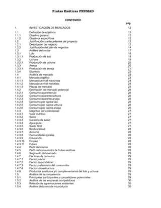 Frutas Exóticas FRUMAD
CONTENIDO
pág.
1.

INVESTIGACIÓN DE MERCADOS

12

1.1
1.1.1
1.1.2
1.2
1.2.1
1.2.2
1.3
1.3.1
1.3.1.1
1.3.2
1.3.2.1
1.3.3
1.3.3.1
1.3.4
1.4
1.4.1
1.4.1.1
1.4.1.2
1.4.1.3
1.4.2
1.4.2.1
1.4.2.2
1.4.2.3
1.4.2.4
1.4.2.5
1.4.2.6
1.4.3
1.4.3.1
1.4.3.2
1.4.3.3
1.4.3.4
1.4.3.5
1.4.3.6
1.4.3.7
1.4.3.8
1.4.3.9
1.4.3.10
1.4.3.11
1.4.4
1.4.5
1.4.6
1.4.7
1.4.7.1
1.4.7.2
1.4.7.3
1.4.7.4
1.4.8
1.5
1.5.1
1.5.2
1.5.3
1.5.4

Definición de objetivos
Objetivo general
Objetivos específicos
Justificación y antecedentes del proyecto
Descripción del negocio
Justificación del plan de negocios
Análisis del sector
Lulo
Producción de lulo
Uchuva
Producción de uchuva
Arveja
Producción de arveja
El precio
Análisis de mercado
Mercado objetivo
Mercado a nivel mayorista
Mercado a nivel minorista
Plazas de mercado
Estimación del mercado potencial
Consumo aparente lulo
Consumo aparente uchuva
Consumo aparente arveja
Consumo per cápita lulo
Consumo per cápita uchuva
Consumo per cápita arveja
Magnitud de la necesidad
Valor nutritivo
Sabor
Garantía de salud
Agua pura
Suelo fértil
Biodiversidad
Armonía
Comunidades rurales
Educación
Empleo
Futuro
Perfil del cliente
Perfil del consumidor de frutas exóticas
Segmento del mercado
Factores de consumo
Factor precio
Factor disponibilidad
Factor preferencia del consumidor
Factor infraestructura
Productos sustitutos y/o complementarios del lulo y uchuva
Análisis de la competencia
Principales participantes y competidores potenciales
Análisis de las empresas competidoras
Relación de agremiaciones existentes
Análisis del costo de mi producto

12
12
12
12
12
14
17
18
18
19
20
20
21
22
23
23
24
24
25
26
26
26
26
26
26
26
27
27
27
27
27
27
28
28
28
28
28
28
28
28
29
29
29
29
29
29
29
29
29
30
30
30

 