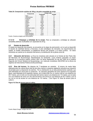 Frutas Exóticas FRUMAD
Tabla 24. Composición nutritiva de 100 gr. de parte comestible de arveja
Componente
Agua
Carbohidratos
Proteínas
Lípidos
Calcio
Fósforo
Fierro
Potasio
Sodio
Vitamina A (valor)
Tiamina
Riboflavina
Niacina
Ácido ascórbico
Valor energético

Arveja cruda
Contenido
Unidad
76,00
%
13,80
g
5,90
g
0,60
g
24,00
mg
96,00
mg
1,80
mg
139,00
mg
4,00
mg
640,00
UI
0,32
mg
0,11
mg
0,71
mg
14,40
mg
82,00
cal

Fuente. Corpoica arreglos autor del proyecto.

4.1.4.12
Empaque y embalaje de la arveja. Para su empacado y embalaje se utilizarán
canastillas plásticas reutilizables con capacidad de 25 kg.
4.2
Estado de desarrollo
El estado de desarrollo del proyecto, se encuentra en la etapa de preinversión, en la cual se desarrolló
el estudio de viabilidad técnica y financiera, el plan estratégico de mercados, los requerimientos de
capital, el modelo administrativo, la plataforma técnica del proyecto y el marco jurídico. En estos
momentos se cuenta con la ubicación del terreno y la distribución de la planta como tal.
4.2.1 Ubicación del terreno. La finca los miradores está ubicada en la Vereda de San Pedro Alto
del Municipio de Bucaramanga, Departamento de Santander, cuyos linderos generales se hayan
descritos en la escritura pública número 2501 de fecha Septiembre 04 del año 2003 de la Notaria
Segunda del Círculo Notarial de Bucaramanga, con matricula inmobiliaria 300-67505 de la oficina de
registros de Instrumentos Públicos de Bucaramanga.
4.2.2 Área del terreno. Se dispone de 7 hectáreas en arriendo. El terreno de media falda
dispuesta para los cultivos lleva más de tres años inactivo y presenta vegetación arbustiva que requerirá
de jornales para su disposición de siembra. Por su distribución es un área prácticamente cuadrada, que
será delimitada por cerca para su protección. Su ubicación geográfica tal como aparece en la siguiente
figura, está dispuesta de la siguiente manera: por el este linda con un camino real en una distancia de
63.7 metros, por el norte con la continuidad del camino real en una distancia de 110 metros, por el oeste
con una medianía de cerca con otro lote de terreno de la finca en una distancia de 63.7 metros y por el
sur con la vía de acceso en una distancia de 110 metros. (“Ver Figura 18. Área de terreno para el
cultivo”).
Figura 18. Área de terreno para el cultivo

Fuente: Mapas Google, Arreglos del autor.

Alexis Meneses Arévalo

alexismeneses@dalcame.com

58

 